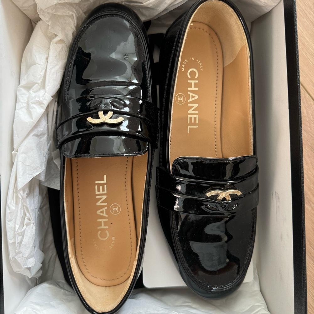 CHANEL Black Patent Leather Loafers